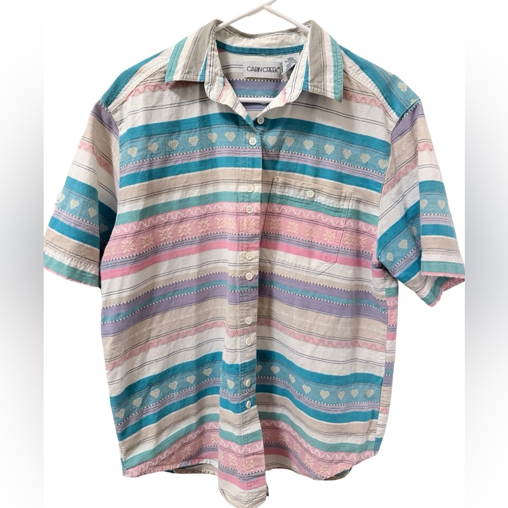 Cabin Creek Vintage 90s Oversized Pastel Stripe Short-Sleeve Button-Up Shirt